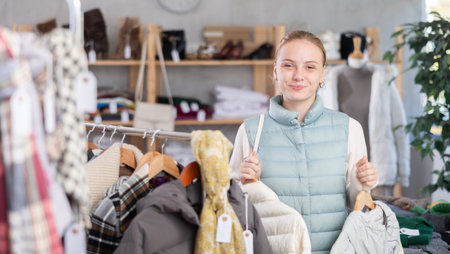 While shopping, teen girl browsing goods items and choose elect down jacket in store