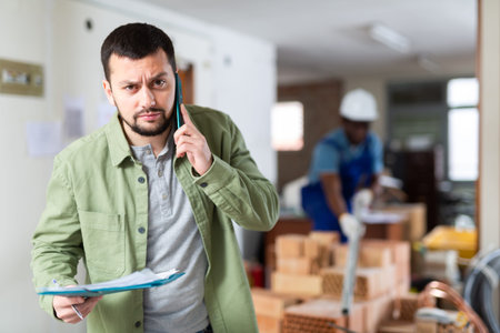 Engineer of building under construction discussing repair plan on mobile phone