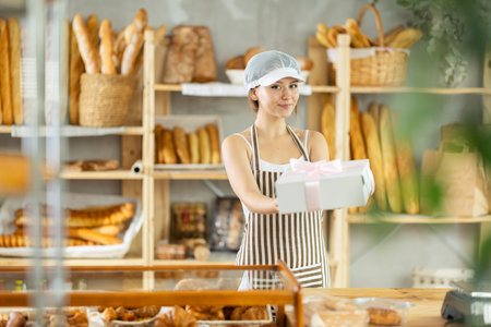 Girl entrepreneur owner of bakery holds out cardboard box with pastries in hand