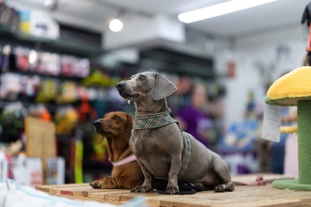 Two dachshunds standing on pet store counter