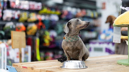 Dog and bowl in zoo store, pet eating