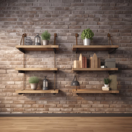 Wooden shelf over brick wall interior design background AI Generatedの素材