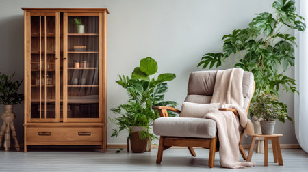 a wooden cabinet in a comforting living room interior decor ai generatedの素材