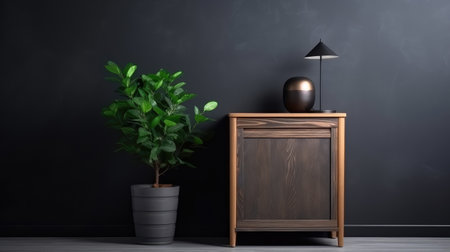 a wood sideboard in a well-lit living room interior decor ai generatedの素材