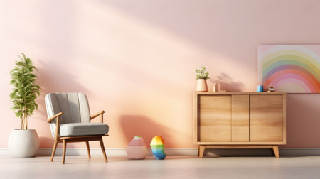 a wood sideboard in a ample living room interior design ai generatedの素材