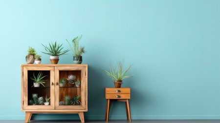 a wood cabinet in a minimalist living room interior decor ai generatedの素材