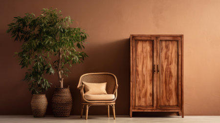 a wood cabinet in a light living room interior decor ai generatedの素材