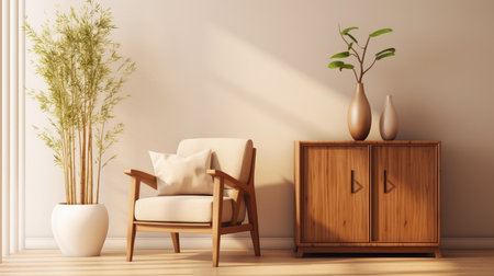 organized interior design of living room with a wooden cabinet ai generatedの素材