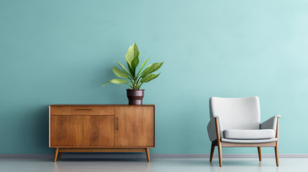 minimalistic living room interior design with a wooden sideboard ai generatedの素材