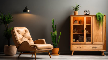 minimalistic living room interior design with a wood sideboard ai generatedの素材