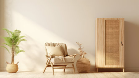 minimalist living room interior decor with a wood cabinet ai generatedの素材