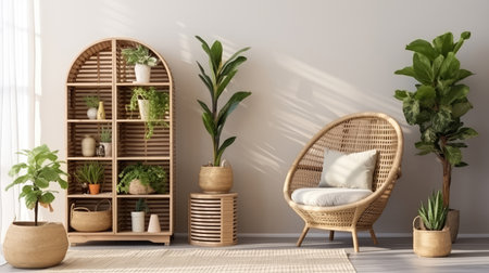 lively living room interior design with a wood cabinet ai generatedの素材