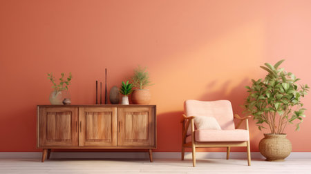 lively interior design of living room with a wood sideboard ai generatedの素材