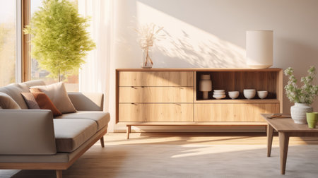 light living room interior decoration with a wood sideboard ai generatedの素材