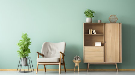 light interior design of living room with a wood sideboard ai generatedの素材