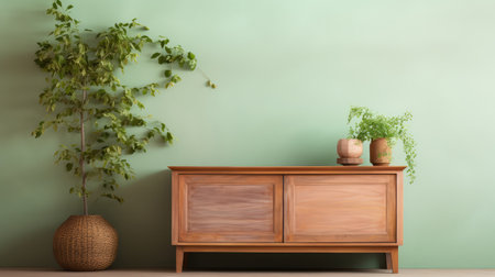 harmonious living room interior decor with a wooden cabinet ai generatedの素材