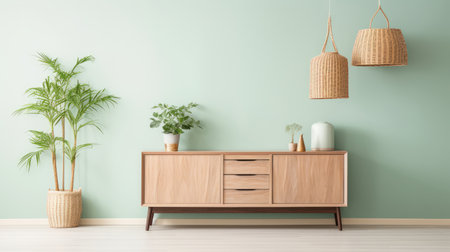 gleaming interior design of living room with a wooden cabinet ai generatedの素材