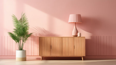 gleaming interior decor of living room with a wood sideboard ai generatedの素材