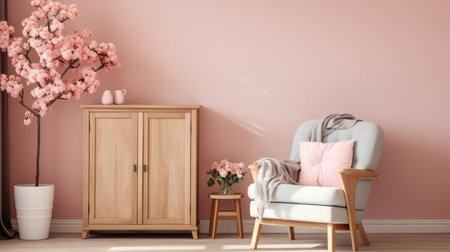 expansive living room interior design with a wooden cabinet ai generatedの素材