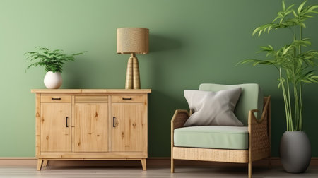 expansive living room interior decoration with a wooden sideboard ai generatedの素材