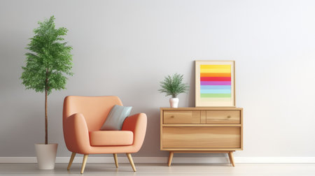 expansive interior decor of living room with a wooden cabinet ai generatedの素材