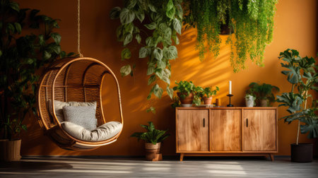 comforting interior decoration of living room with a wood sideboard ai generatedの素材