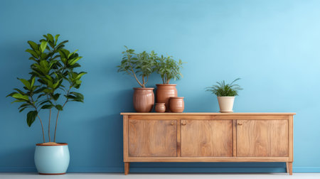 bright interior decoration of living room with a wood sideboard ai generatedの素材