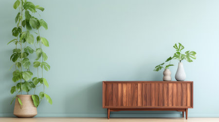 bright interior decor of living room with a wooden sideboard ai generatedの素材