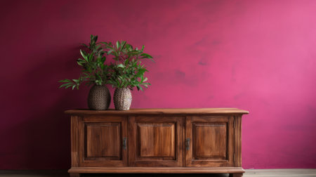 bright interior decor of living room with a wood sideboard ai generatedの素材