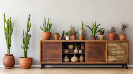 ample living room interior decor with a wooden sideboard ai generatedの素材