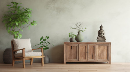 ample interior design of living room with a wooden sideboard ai generatedの素材
