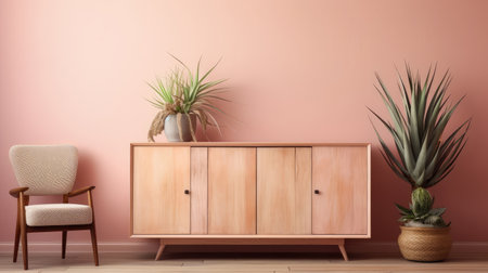 airy living room interior design with a wooden cabinet ai generatedの素材