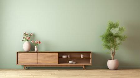 a wooden sideboard in a well-organized living room interior decoration ai generatedの素材