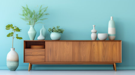 a wooden sideboard in a elegant living room interior decoration ai generatedの素材