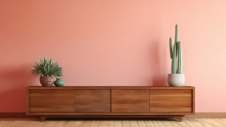 a wooden sideboard in a cozy living room interior decoration ai generatedの素材