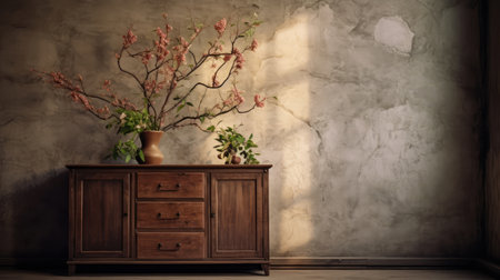 a wooden cabinet in a well-organized living room interior design ai generatedの素材