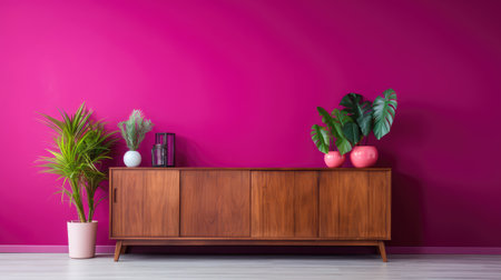a wood sideboard in a welcoming living room interior decor ai generatedの素材