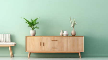 a wood sideboard in a refreshing living room interior decoration ai generatedの素材