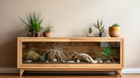 a wood sideboard in a contemporary living room interior decor ai generatedの素材