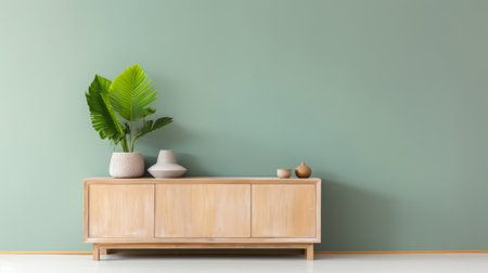 a wood sideboard in a brilliant living room interior decor ai generatedの素材