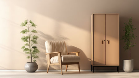 a wood cabinet in a well-lit living room interior decor ai generatedの素材