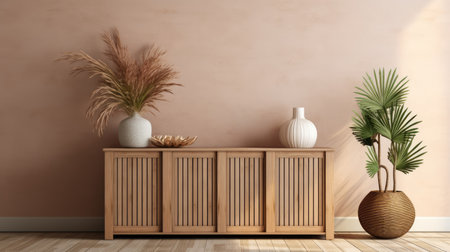 a wood cabinet in a simple living room interior decoration ai generatedの素材