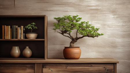 a wood cabinet in a pleasant living room interior decor ai generatedの素材