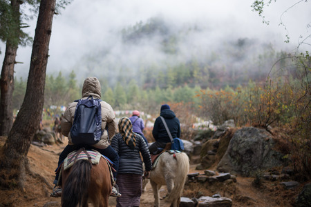 PARO - BHUTAN, DECEMBER 15 : People traveling to Taktshang Goemba by horse December 15, 2014のeditorial素材
