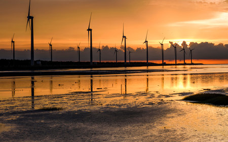 sunset in the windmills and coast in Taichung, Taiwan