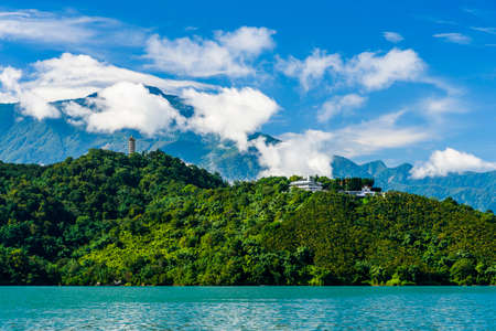 sunrise scenery of Sun Moon Lake at sunrise, a famous attraction in Taiwan, Asia.の写真素材