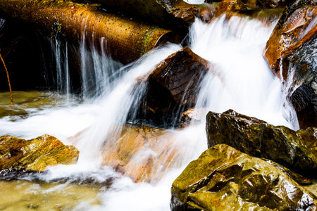 Creek or stream water flowing past rocks and stonesの写真素材