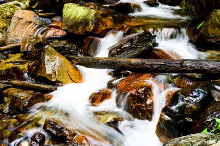 Creek or stream water flowing past rocks and stonesの写真素材