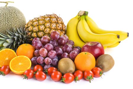 Variety of fresh fruits on white backgroundの写真素材
