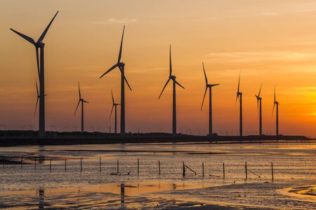 Gaomei wetlands landscape and the wind power plant in Taichung Taiwan. Energy systems and renewable energy.の写真素材